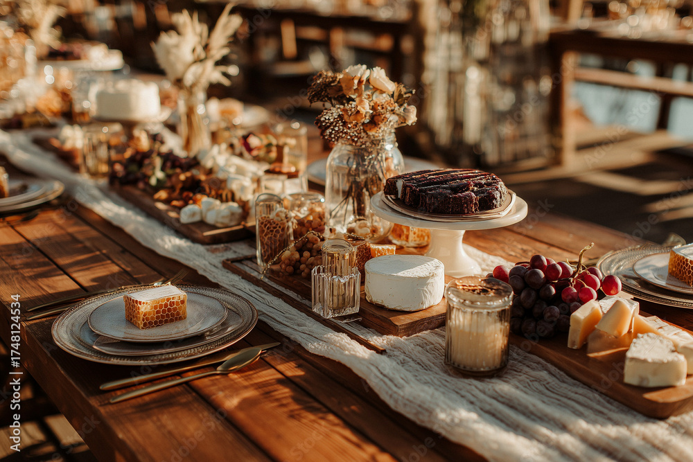 Fototapeta premium Käse und Obstplatte auf festlich gedecktem Tisch - catering Buffet