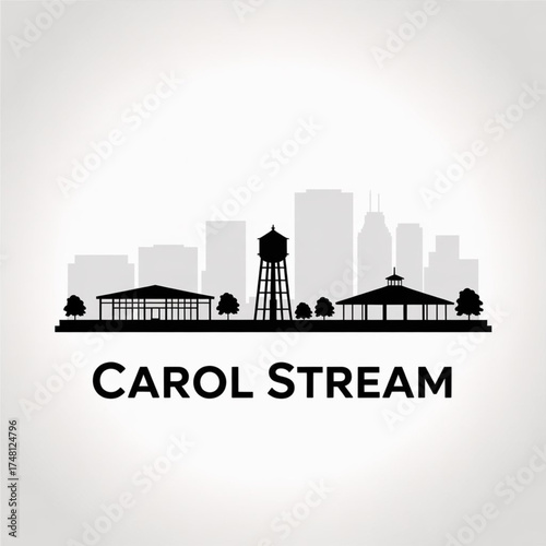 Carol Stream Illinois Skyline Silhouette — Family-Friendly Suburb of Chicago Vector Illustration