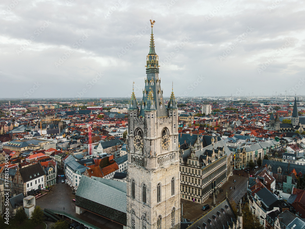 Fototapeta premium Drone View Over Ghent with Belfry Tower