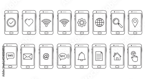 Set of handdrawn mobile phone icons representing various app functions and features, isolated on transparent background