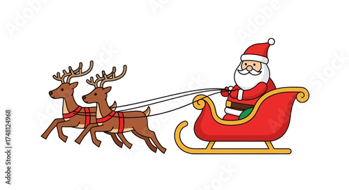 Jolly Santa Claus Rides Festive Sleigh Pulled by Reindeer on a White Background, Perfect for Holiday Season Designs and Winter Celebrations