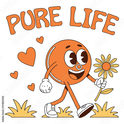 Cartoon character walking with flower and pure life text
