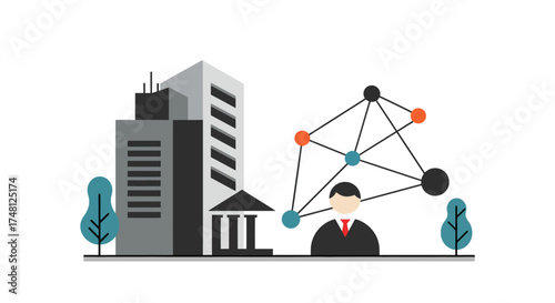 Minimalist vector illustration of a business network connecting people and buildings