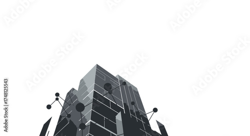 Sleek vector illustration showcasing modern high-rise architecture with interconnected digital network elements, symbolizing smart city technology and urban innovation