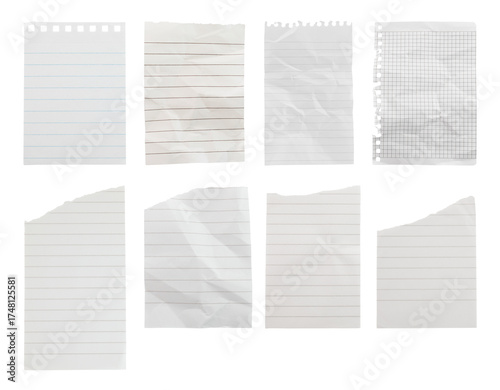 Set of torn and wrinkled notebook sheets isolated on transparent background