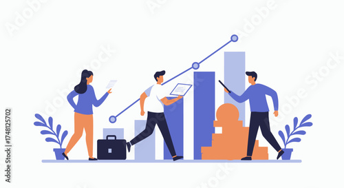 Minimalist vector illustration of diverse professionals analyzing growth charts and collaborating on business strategy