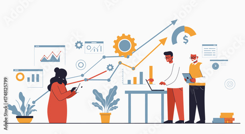 Business team analyzing financial data, charts, and growth with a modern illustration style