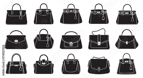 Collection of black silhouette icons representing various handbag styles, isolated on transparent background