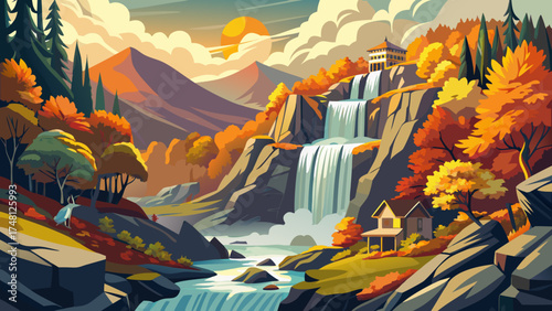 Very beautiful Amicalola Falls in Georgia, USA, during autumn season, vector-style landscape emphasizing cascading water, golden foliage, and tranquil mountain atmosphere.