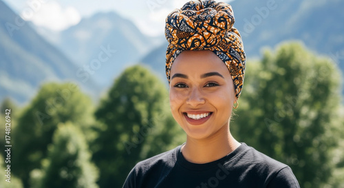 Wallpaper Mural Smiling Woman with Headscarf Outdoors Mountain Landscape Background Torontodigital.ca