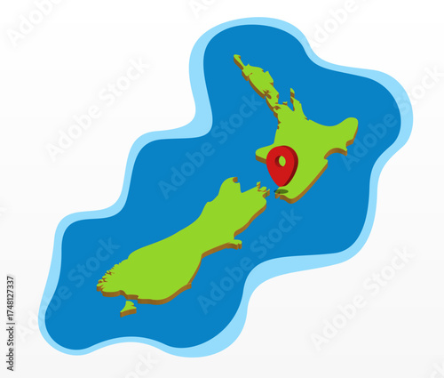 3d vector illustration of colorful touristic map of New Zealand country shape with pointer on Wellington Capitol 