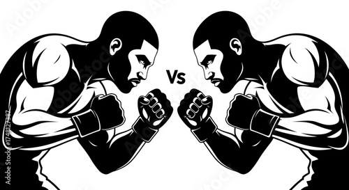 Black and white vector illustration of two muscular male fighters facing off in a ready combat
