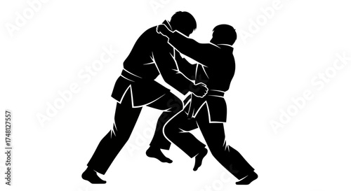 Dynamic Black Silhouette of Two Martial Artists in Judo or Grappling Action, Demonstrating