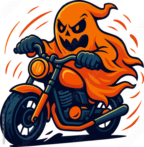 Cartoon ghost character riding a fiery orange motorcycle with dynamic flames, angry expression, and dark purple background.