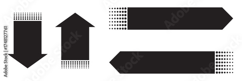 Halftone arrow icons. Set of arrows pointing up, down, left, and right with dotted texture design, useful for infographics, navigation, and direction graphics.
