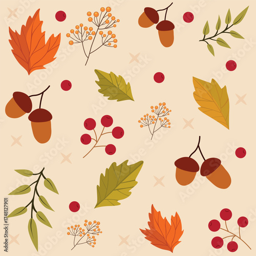 Autumn seamless pattern with colorful leaves, acorns and berries. Seasonal design perfect for background, textile, wrapping paper, wallpaper, greeting cards and fall decoration projects.