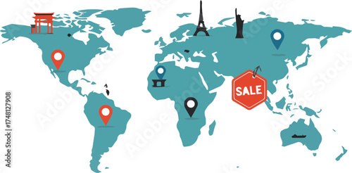 A conceptual vector illustration of a world map with location pins, famous landmarks, and a red sale tag for global travel and tourism promotions