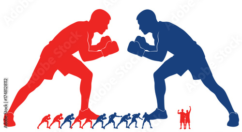 Dynamic Red and Blue Boxer Silhouettes Face Off with Competing Athletes and Victory Celebration
