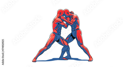 Dynamic Illustration of Two Muscular Male Figures Engaged in Intense Physical Grappling.