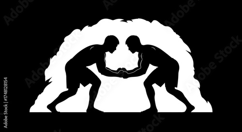 Dynamic silhouette illustration of two male wrestlers locked in a powerful athletic contest or fight