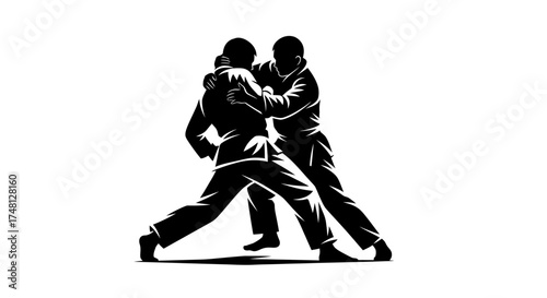 Dynamic Silhouette Illustration of Two Martial Arts Fighters Engaged in a Grappling Combat Hold
