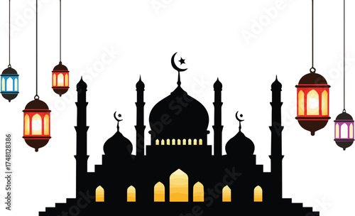 Vector illustration of a mosque silhouette illuminated by hanging lanterns during a festival or celebration