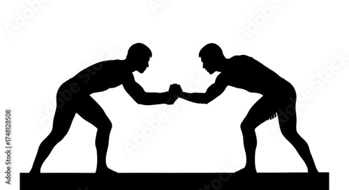 Powerful Silhouette of Two Men Pushing Against Each Other, Symbolizing Strength, Effort,