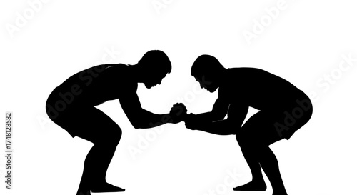 Silhouettes of two men engaged in an intense wrestling match, symbolizing strength, competition,