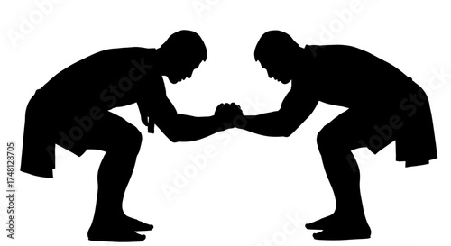 Two men in silhouette engaged in an intense arm wrestle, showcasing strength and competitive spirit