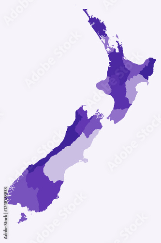 Map of New Zealand with regions. Just a simple country border map with region division. Deep purple color palette. Blank New Zealand shape with administrative division. Vector illustration.