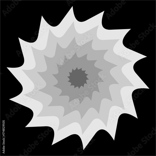 Layered star-like waves radiate outward in grayscale tones, forming a hypnotic spiral bloom that feels both floral and cosmic.