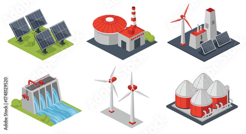 Sustainable Energy Sources Solar Panels, Wind Turbines, Hydroelectric Dam, and Biomass Plant Icons