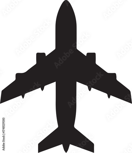 A powerful black silhouette of an airplane in flight, showcasing its broad wingspan and aerodynamic design, perfect for travel and aviation themes