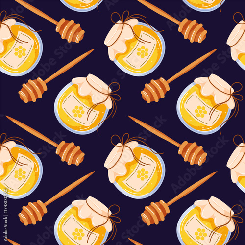 Seamless pattern with honey jar and wooden honey dipper on dark background for food and natural product theme in cartoon.