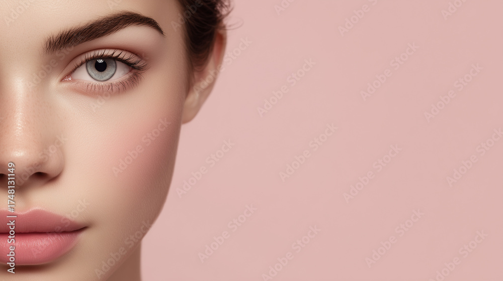 Naklejka premium Closeup portrait of half face of a young woman with flawless skin, soft natural makeup, defined eyebrow and clear eye on pastel pink background, beauty and skincare concept.