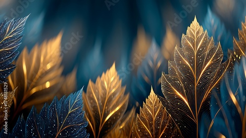 Glowing abstract golden blue leaves high resolution picture