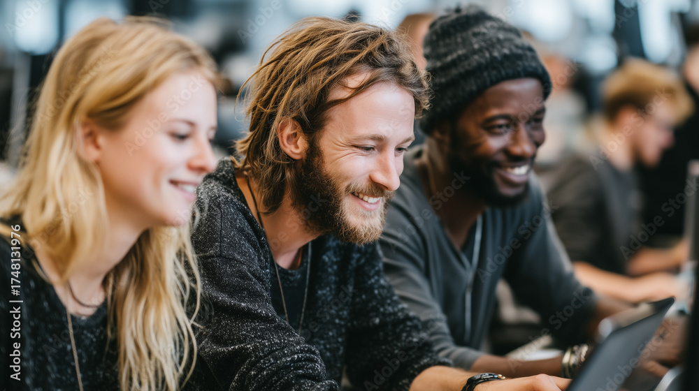 Obraz premium Creative Marketing Team Collaborating on Digital Strategy in Modern Office