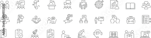  Training icon set with editable line style, featuring coaching, workshop, education, seminar, advice, support, learning, webinar, skills, and business elements. Modern thin linear vector illustration