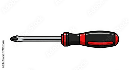 A cartoon illustration of a Phillips head screwdriver with a black and red handle.