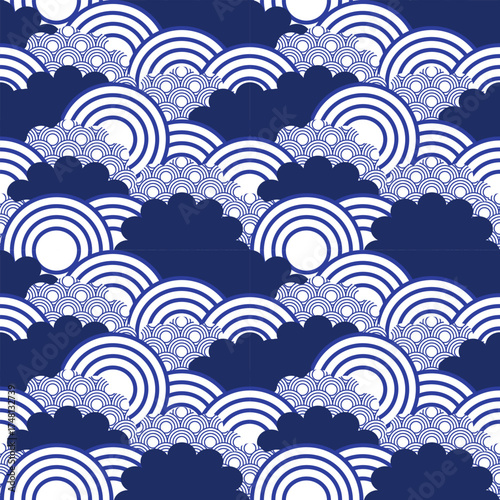 Elegant Seigaiha wave pattern in deep indigo blue and white. Japanese minimal geometric ocean design perfect for fabric, wallpaper, home decor, fashion, and digital art projects.