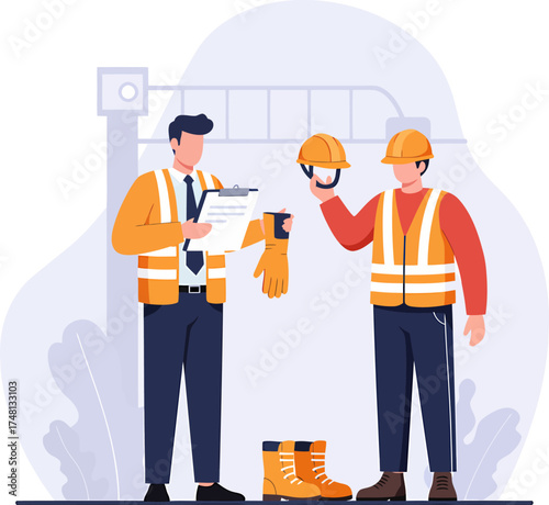 Two construction workers in safety vests and hard hats discussing a clipboard.