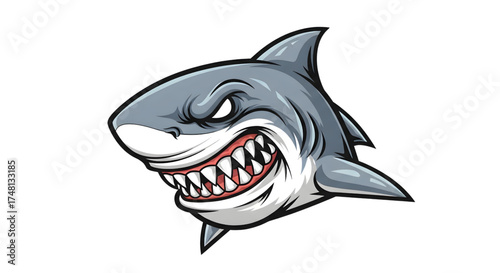 Ferocious shark mascot with menacing grin, perfect for sports team branding, gaming logos, or edgy apparel designs, conveying power and competitive spirit
