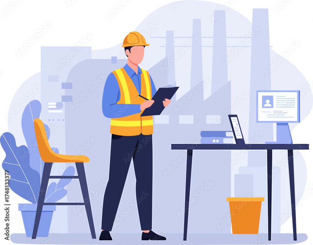 Fototapeta premium Construction worker in hard hat and vest reviewing documents.