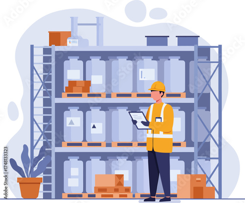 Warehouse worker with tablet inspecting large containers on shelves.