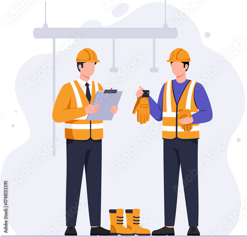 Construction workers in safety gear discussing plans on a clipboard.