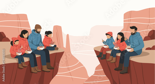 Families enjoying hot beverages on a cliffside overlooking a canyon landscape on winter trip