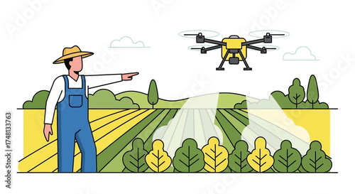 Farmer overseeing agricultural drone spraying field offering precision crop management