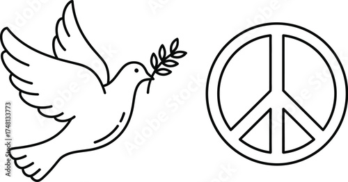 Vector art of a vector illustration of a dove with an olive branch and a peace symbol