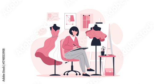 Fashion designer creating new designs, conceptualizing dresses in her workshop studio space and