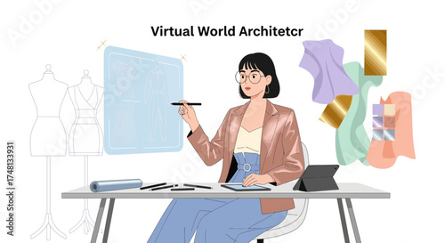 Fashion designer creating virtual clothing in digital studio with design tools and mannequins